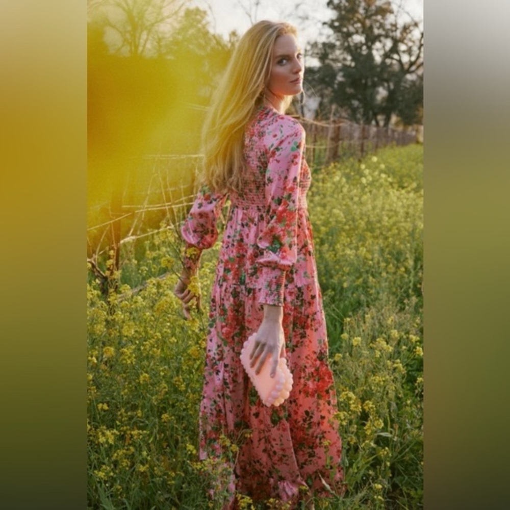 Tuckernuck NEW Pink Peony Meadows Libby Long Sleeve Maxi Dress Size XXS